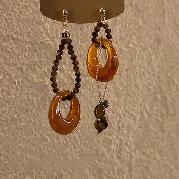Tiger Eye Beaded Earrings Amber Vintage Maillard Style Premium Chunky Drop Stud for Women Autumn Winter