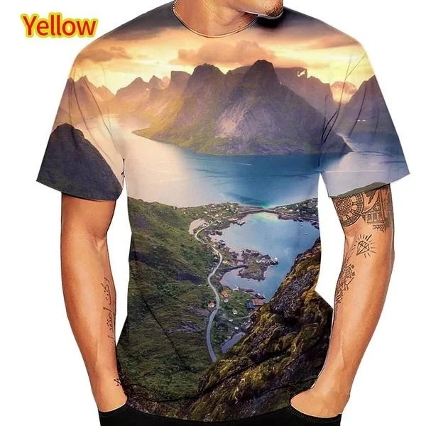 New Fashion Men's 3D Printed Landscape T-Shirt Nature Scene Style Cool Hip Hop Short Sleeve Top