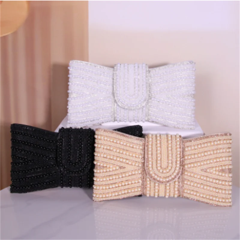 

2025 New Women Pearl Evening Bags Banquet Bow Mini Clutch Bags Wedding Dinner Wallets For Ladies 2 Colors Drop Shipping