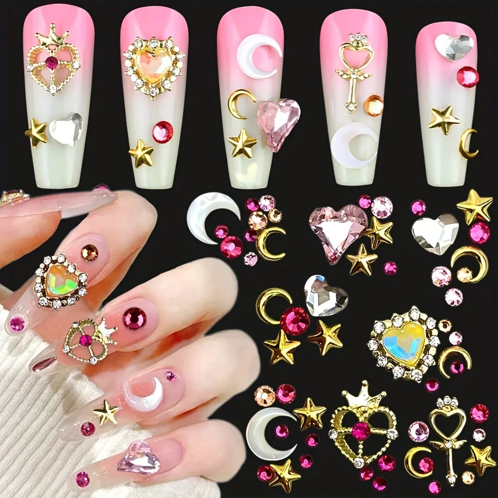 3D Nail Charms for Acrylic Nails Crystal Heart Nail Rhinestones Star Moon Alloy Colorful Nail Gems Nail Art Decorations