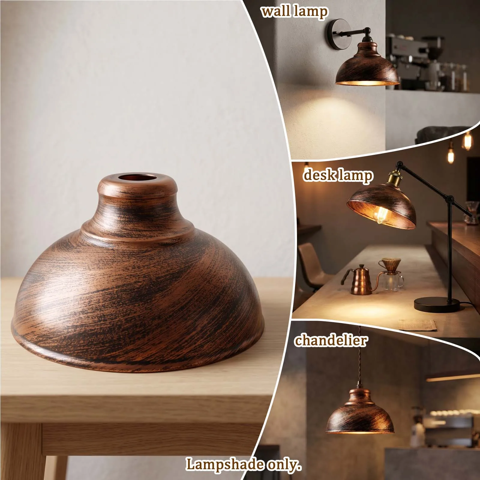 Lamp Shade, Antique Copper Dome Metal, Distressed Finish, Industrial, Kitchen Living Room Bedroom