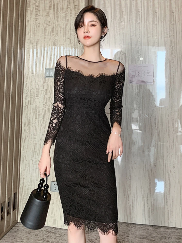 ลูกไม้ Elegant ผู้หญิงชุดราตรีเซ็กซี่ Sheer เย็บปักถักร้อยดอกไม้ O-Neck Skinny Slim Party Club Beach Vestidos Mujer ฤดูใบไม้ผลิฤดูใบไม้ร่วง