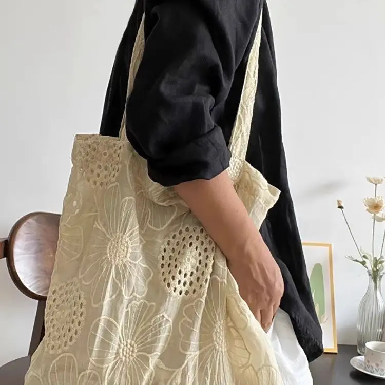 Summer French Artistic Hollow Embroidered Single Shoulder Cloth Bag with Gentle and Romantic Temperament Women