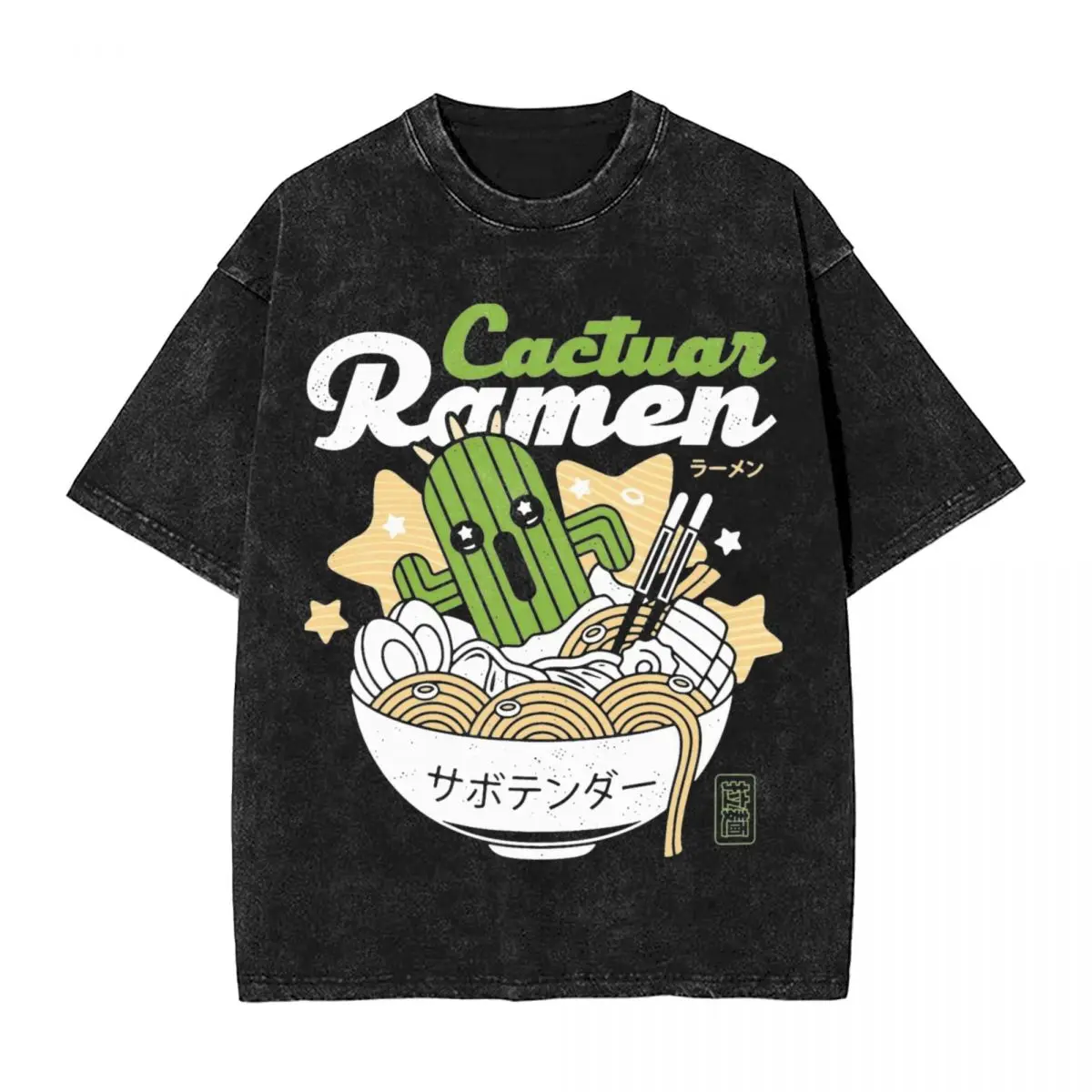 Final Fantasy Cactuar Ramen T Shirt Hip Hop Washed 100% Cotton High Street T-Shirts for Men Women Tops Streetwear Graphic Tees