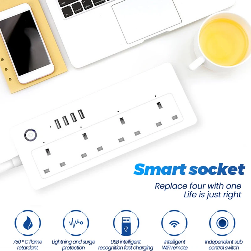WiFi Smart Socket UK 13A Surge Protector 1.5m Smart Extension Lead Compatible BSD46 with Amazon Alexa and Google Assistant