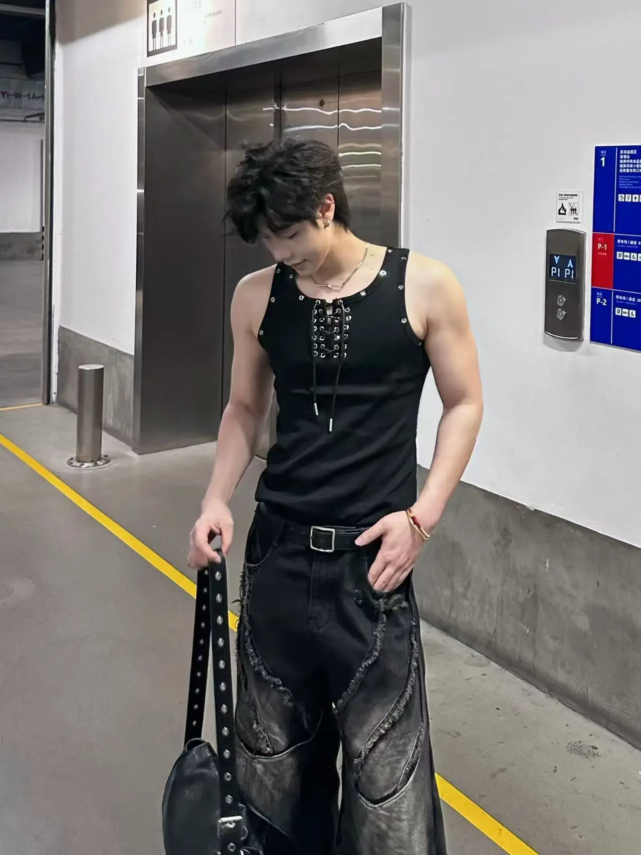 American Summer Black Gothic Men's New Vest Korean Style Trendy Fashion Vest High Street Strap Casual Versatile Sleeveless Top