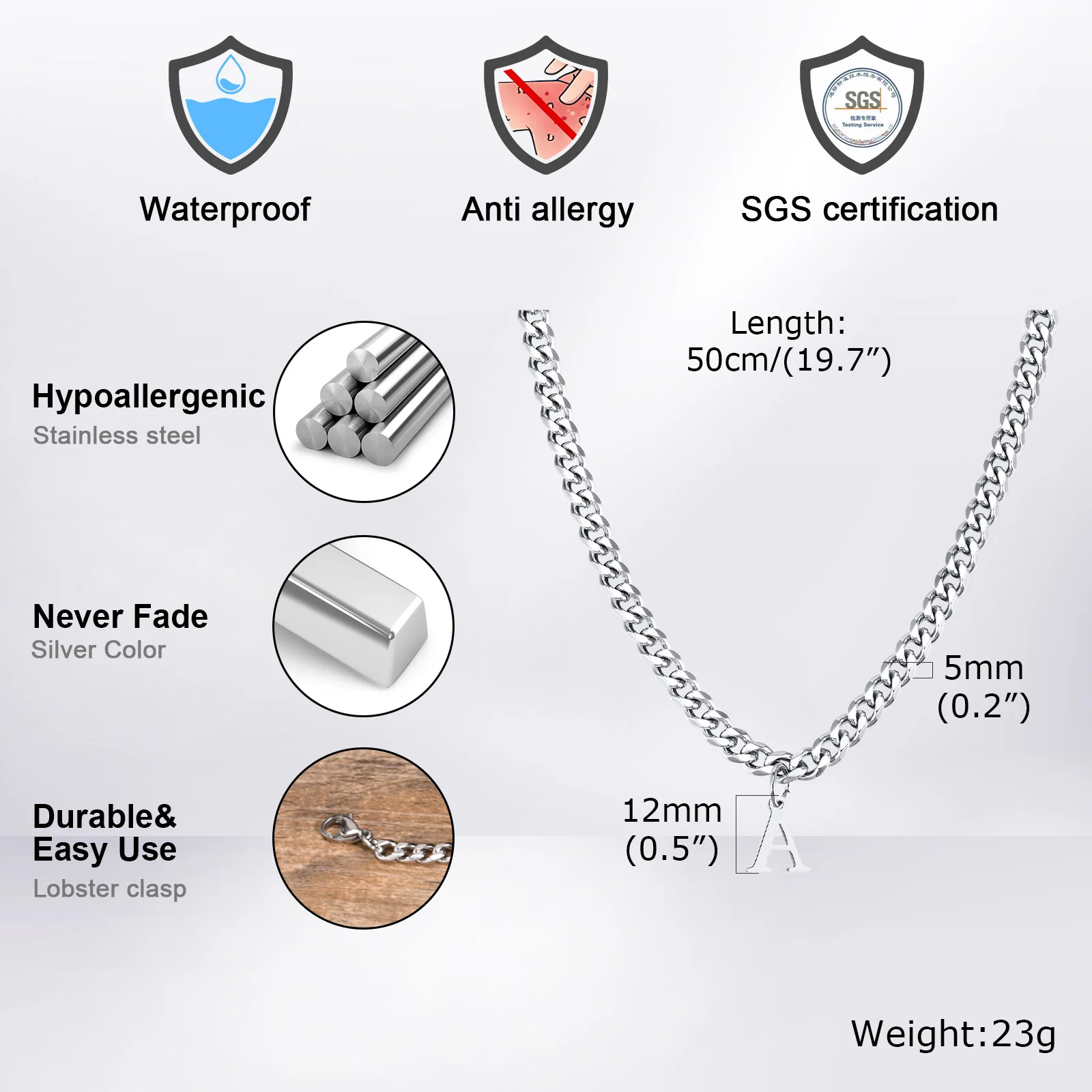 Vnox Simple A-Z Letter Necklace for Men Women, Waterproof Stainless Steel Cuban Chain Necklace, Jewelry Gift for Him