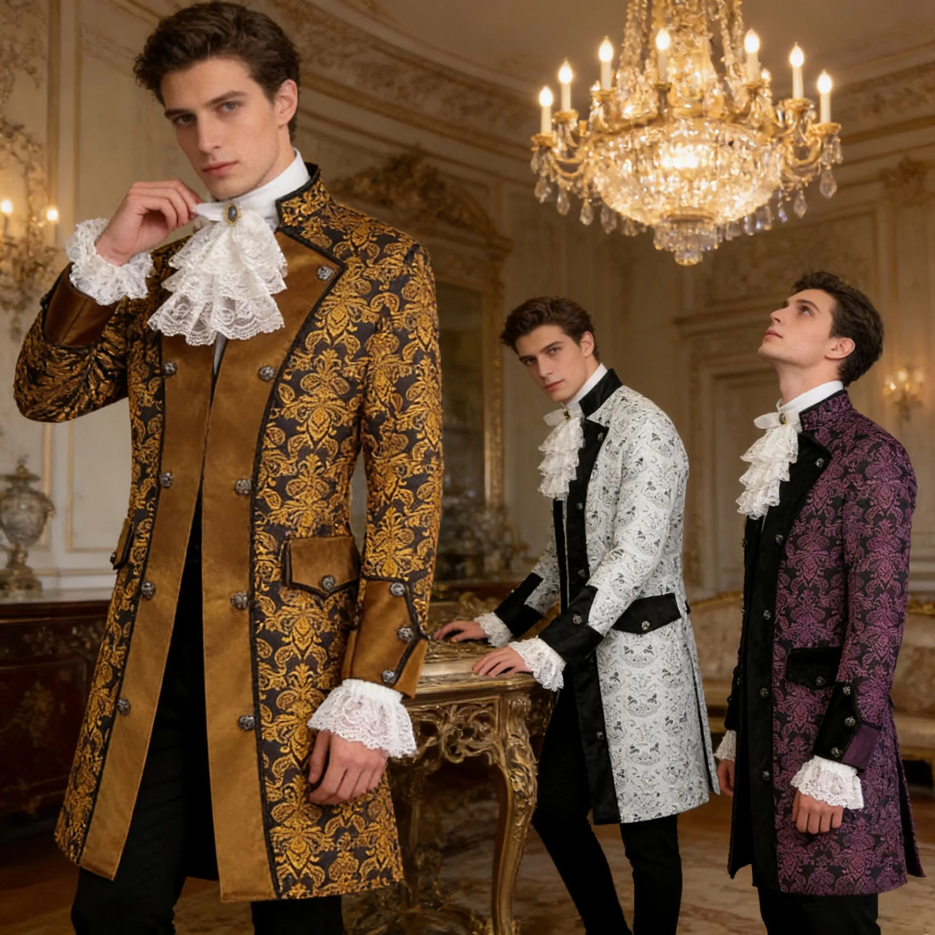 

Men's Medieval Renaissance Costume - 18th Century Victorian Aristocrat Court Jacket with Lace Cuffs & Jabot, Perfect for Hallowe