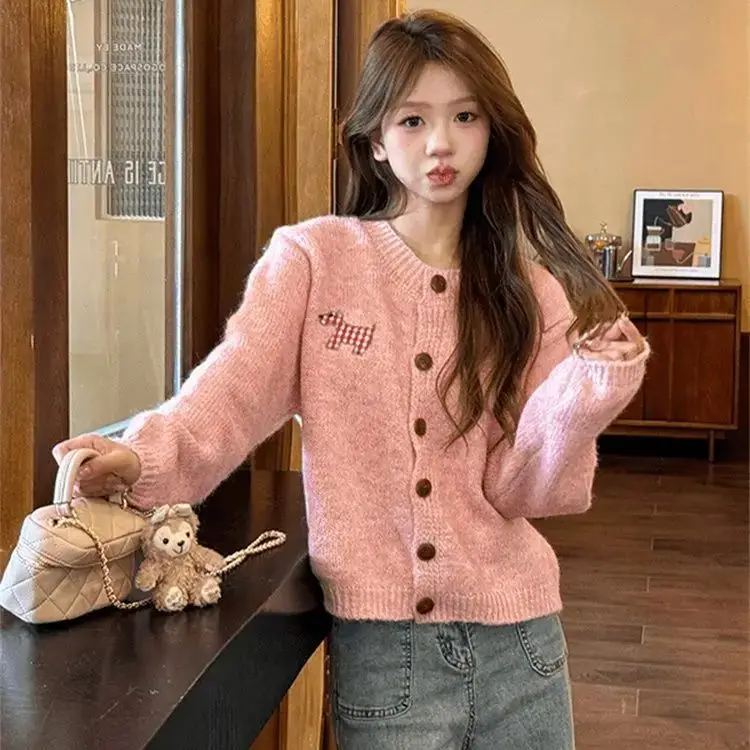 

Knitwear Cardigan Dog Chic Embroidery Korean Y2K Coats Sweet Women College Sweater Jacket Autumn Winter Loose Casual Kawaii Tops