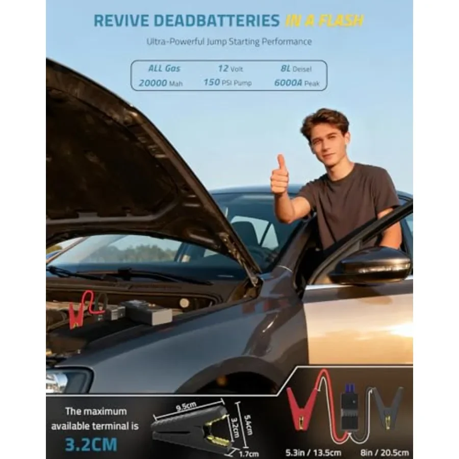 Portable Jump Starter with Air Compressor 150PSI and 6000A Peak Current for All Gas and 10L Diesel Vehicles Includes Ti