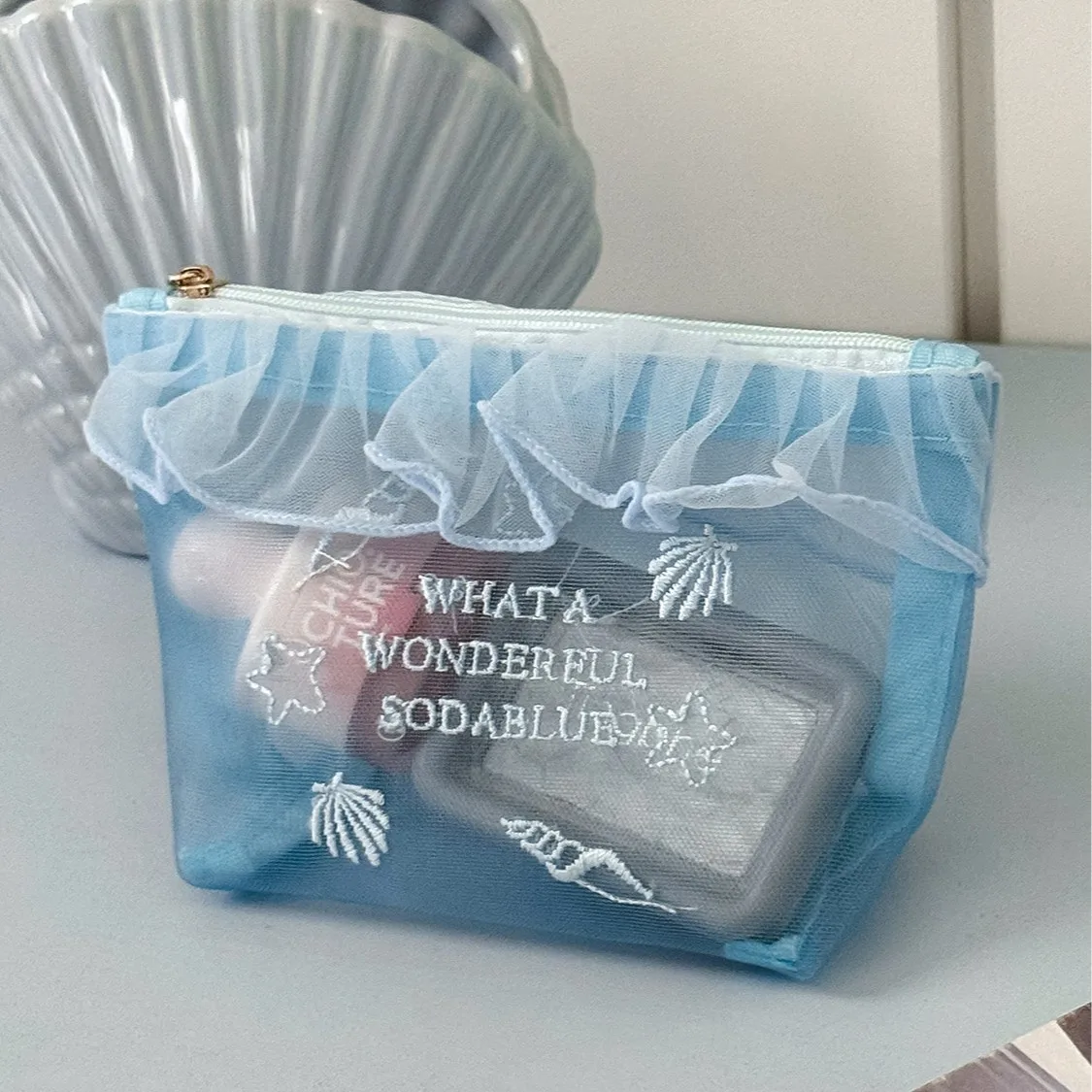 Ocean Blue Mesh Cosmetic Bag, Ins Style Hollow Out Embroidered Makeup Pouch, Cute Portable Lipstick Sample Storage Bag for Girls