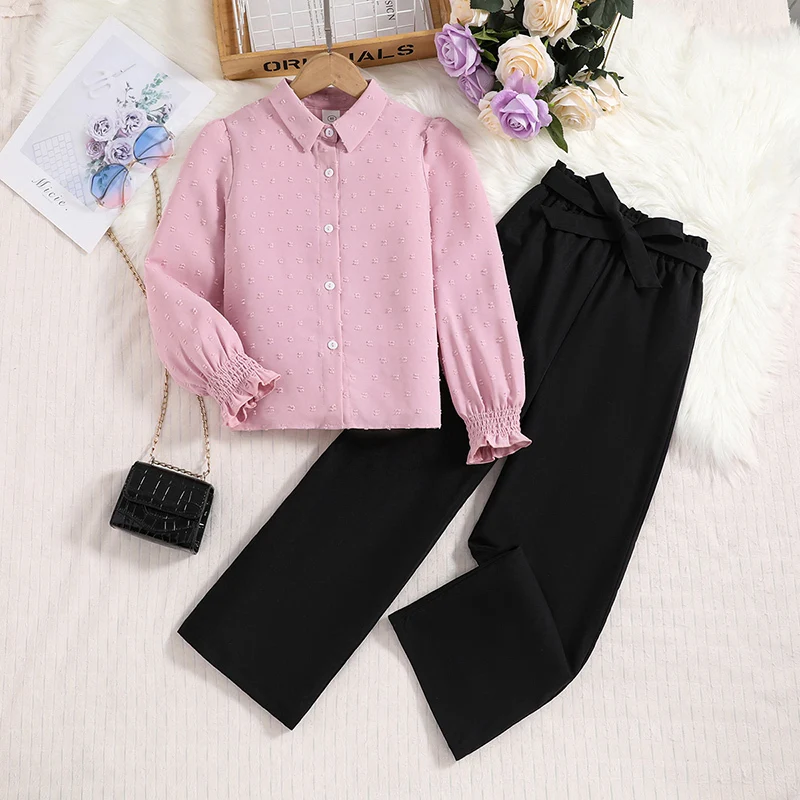 New Spring Autumn 2PCS Suit Lapel Pink Long-Sleeved Shirt + Black Wide-Leg Pants For Kid Girl Cute Elegant Preppy Style Outifits