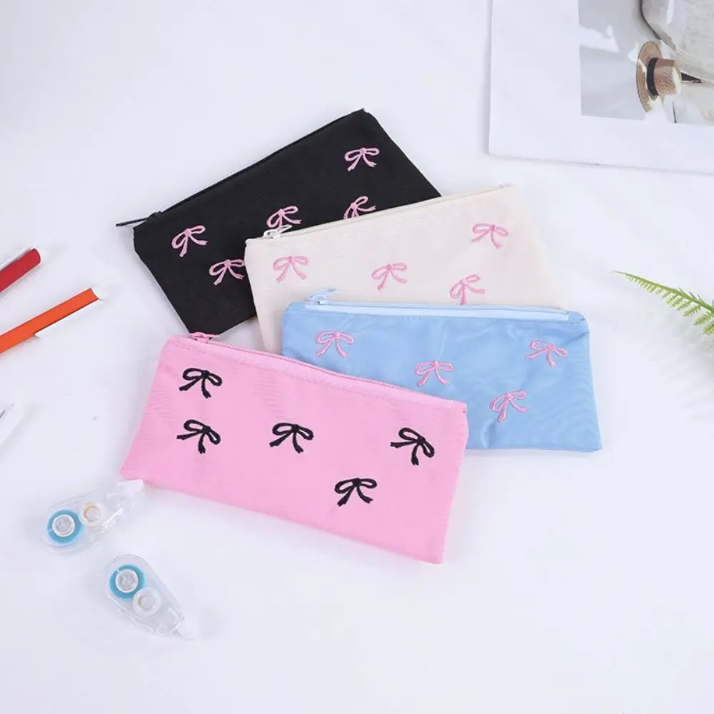 New Canvas Cute Embroidered Bag Bowknot Lovely Print Cosmetics Bag Square Shape Stationery Bag