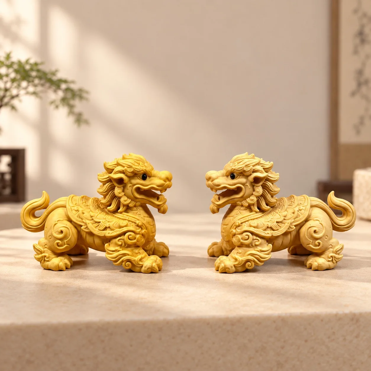Hand-Carved Boxwood Qilin Figurine Wood Carving Chinese Feng Shui Mythical Beast Sculpture for Home Living Room Desk Decor Gift