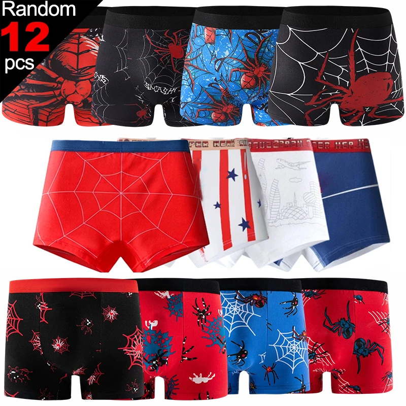 4/8/12 Pieces Boys Boxers Cotton Trunks Random Cool Spider Print Children's Underwear Underpants Soft and Breathable Boys Shorts