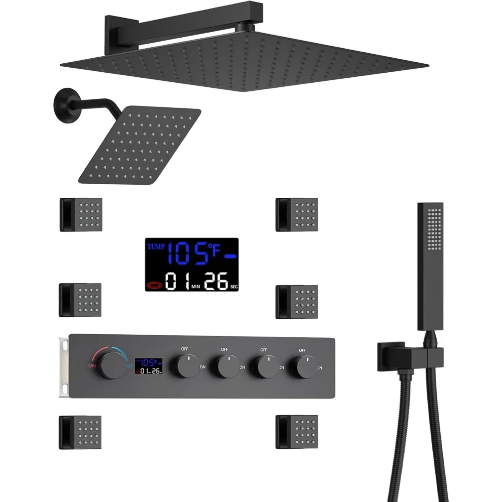 نظام دش مطري أسود غير لامع لكامل الجسم مع شاشة رقمية، و12 ورؤوس مزدوجة و8 رؤوس، ونفاثات الجسم، ودش يدوي #1