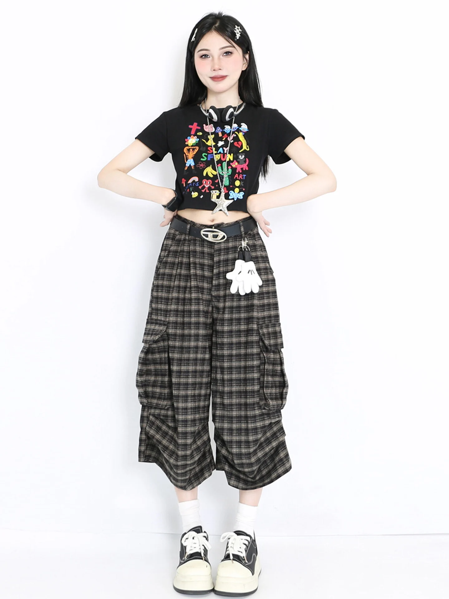 

Повседневный клетчатый дизайн куклы, женские летние новые свободные прямые брюки с широкими штанинами и семью штанами, джинсовая ткань с высокой талией Multi ket