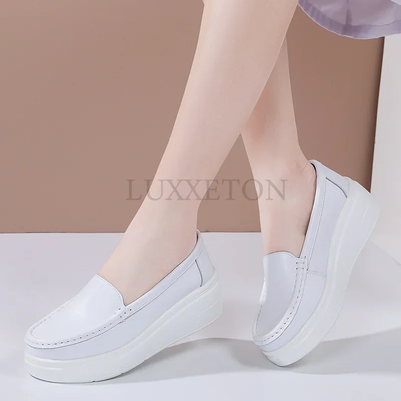 Genuine Leather Nurse Shoe Small White Shoes Women Border New Comfortable Slope Heel Thick Sole Single Shoes Medical Shoes