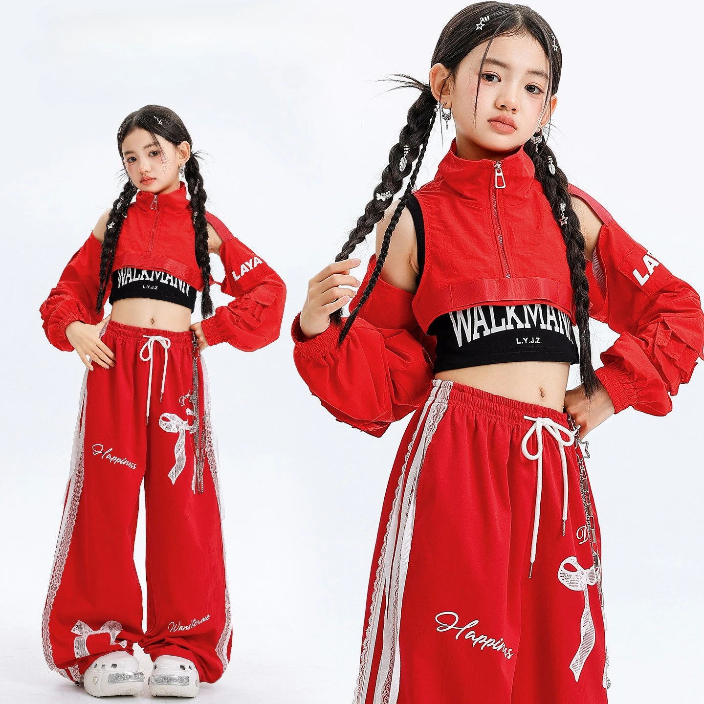 

Новые комплекты одежды для девочек в стиле K-pop для уличных танцев: красные топы, свободные брюки, костюмы для групповых выступлений, современные танцевальные наряды для сцены.