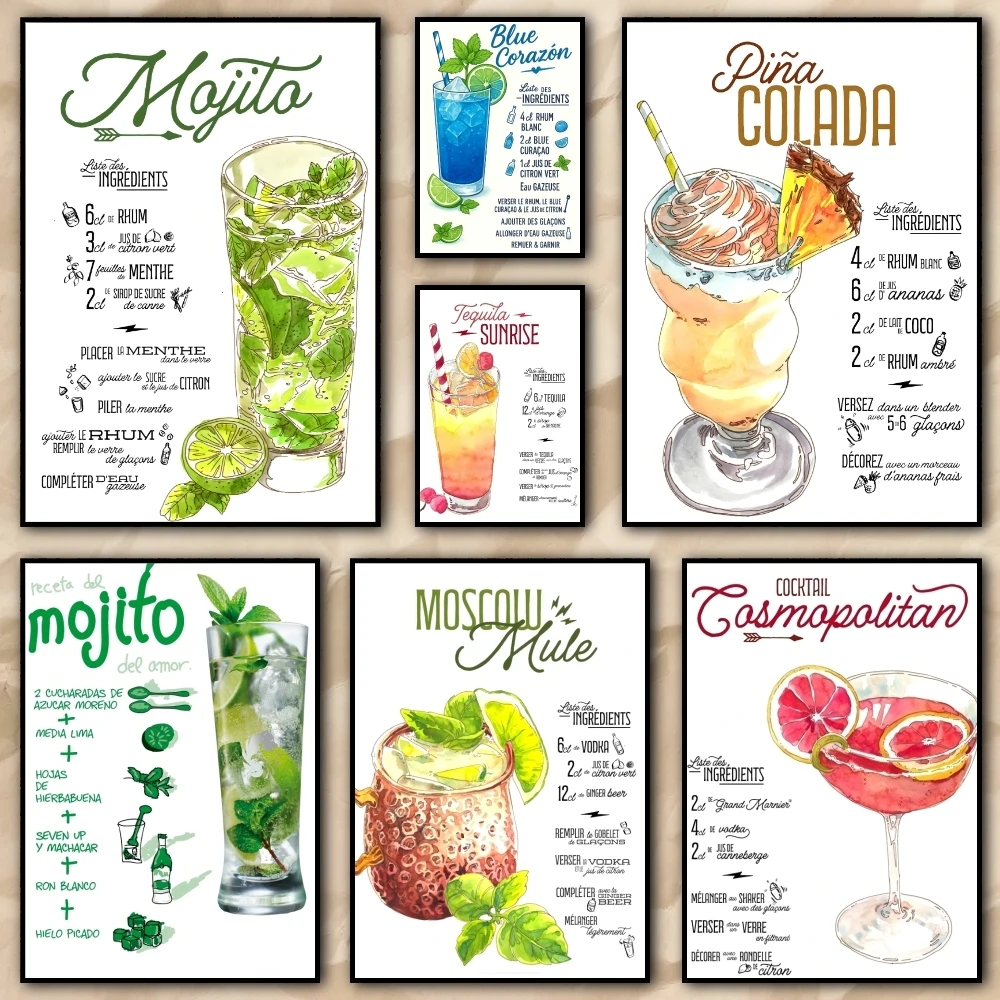 Cocktail recipe comic design INS Painting Calligraphy pictures Room bedroom interior wall decoration Canvas Poster art mural