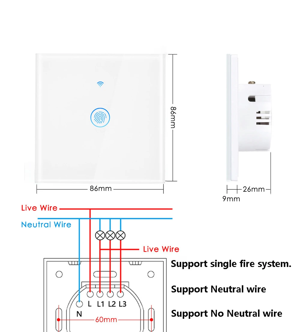 Szaoju Ewelink APP WiFi Touch Switch Wall Sensor Smart Light Switch 1/2/3Gang EU Smart No Neutral Wire Alexa Google Home Remote