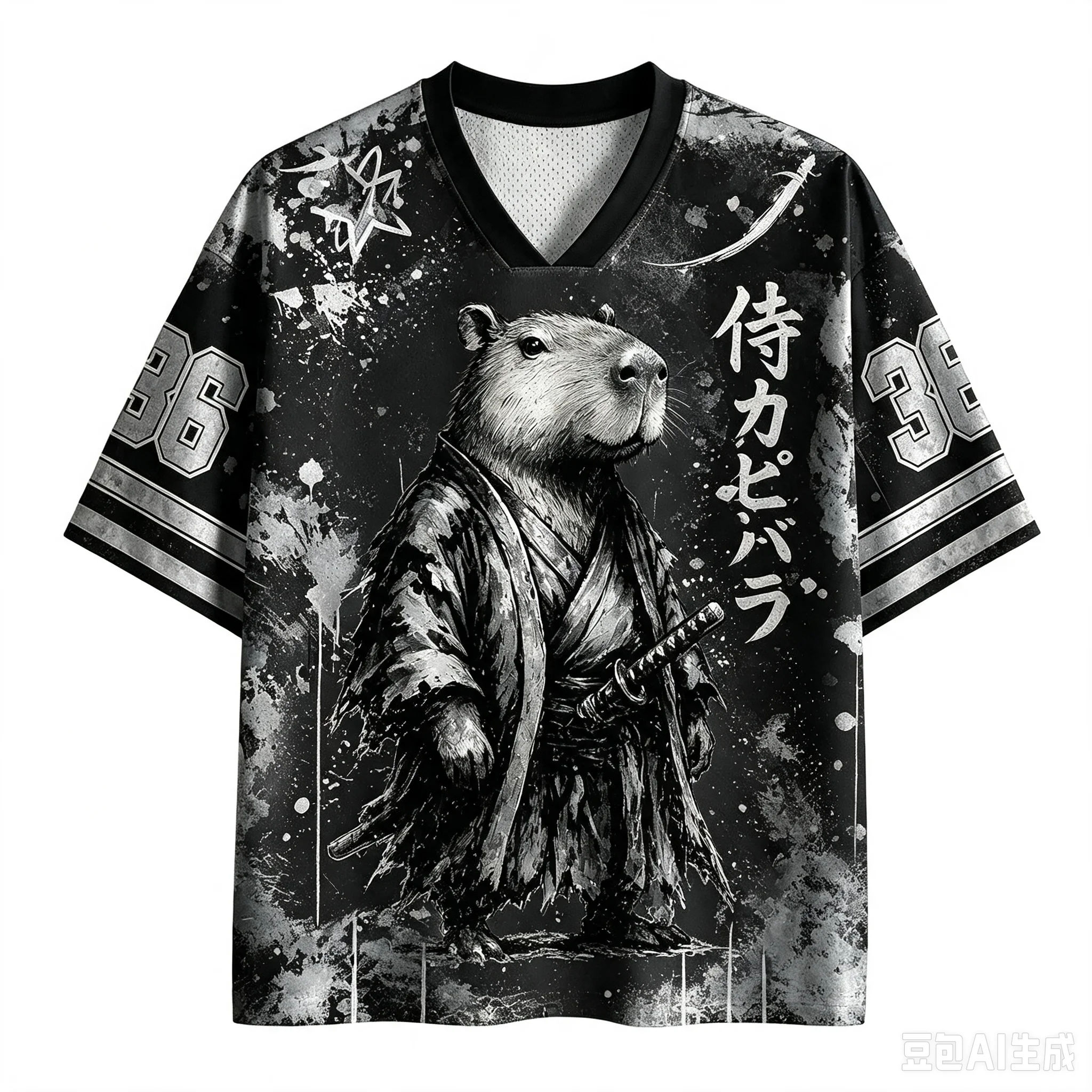 Unisex Samurai Capybara Retro Distressed Mesh Jersey Japan Samurai Animal V-neck Short Sleeve Breathable Casual Sports Top
