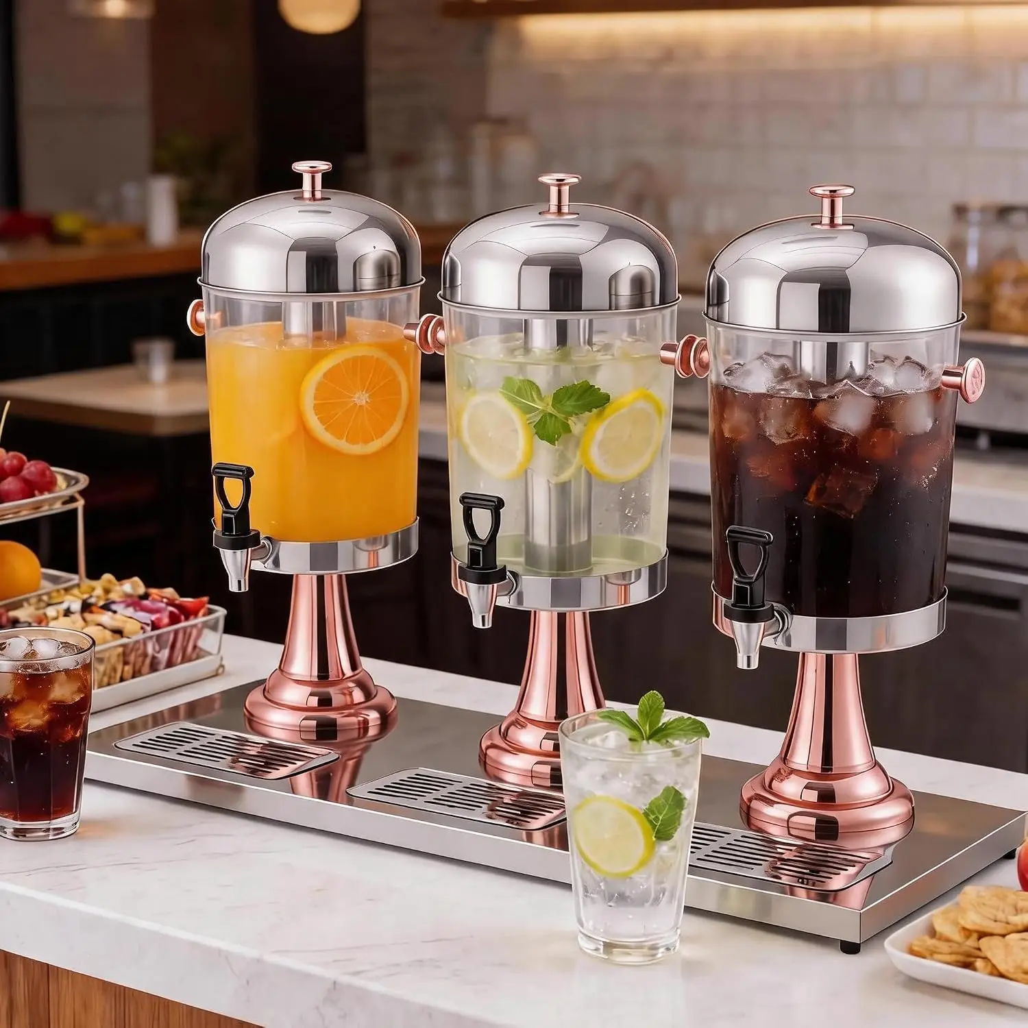 Commercial Beverage Dispenser with Ice Core and Spigot Rose Gold Stainless Steel Juice Dispenser with Drip Tray Clear Drink Server for Buffet Catering Party Restaurant
