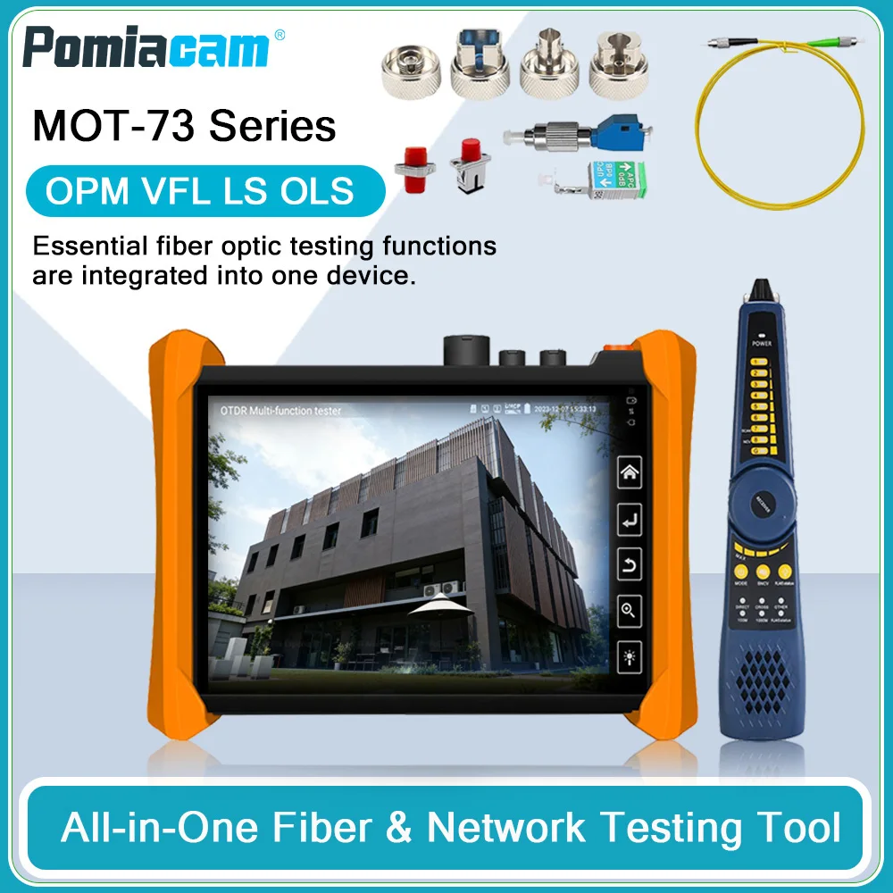 MOT-73 OTDR Tester 1310/1550nm 28/26dB 7" Touch Screen with VFL OPM Light Source Optical Loss Test RJ45 Cable Network Tools