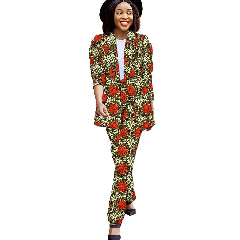 

African Couture 3/4 Sleeve Suits For Women Extended Windbreak Long Blazers With Straight Pants Ankara Outfits
