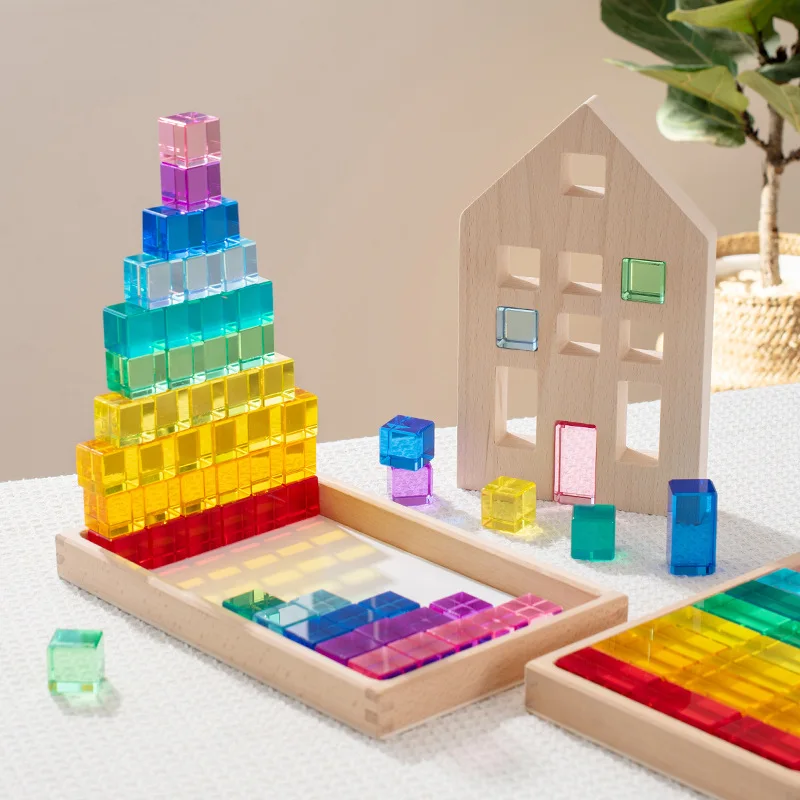 16MM High Transparent Tainbow Crystal Acrylic Cube Stacked Gem Blocks For Children To Learn Colorful Light Building Blocks