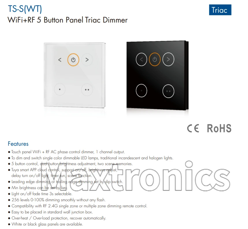 Skydance TS-S(WT) 5 Touch Button Panel Triac Dimmer Tuya WiFi+RF Smart APP Cloud Control 100-240VAC for Dimmable LED Light/Lamp