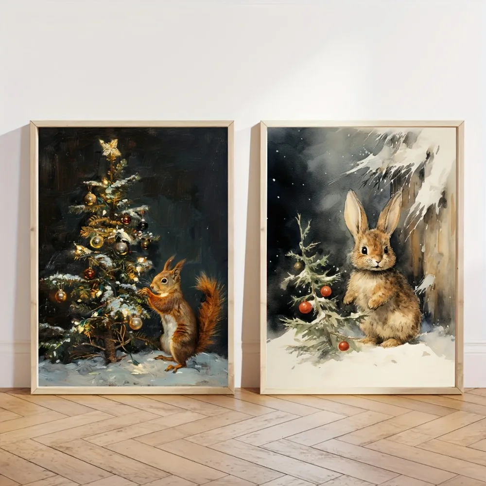 2pcs frameless Canvas Painting 2pcs Frameless Christmas Rabbit Squirrel Christmas Tree Poster Printing,Retro Christmas Wall Deco