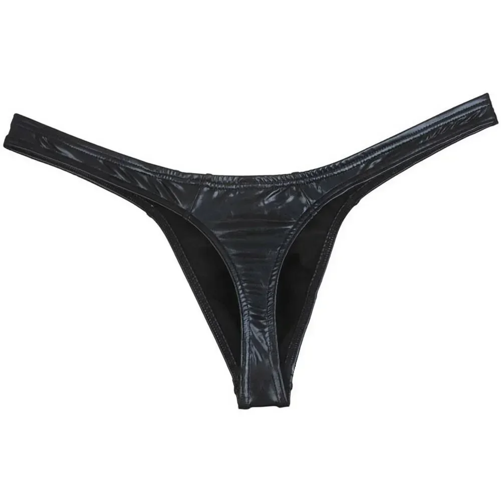 Sexy Men Oil Shiny Thong Leather Panties Like T-back Underwear Male Stretchy G-string Solid Mini Bikini Thong Bulge Pouch Pants