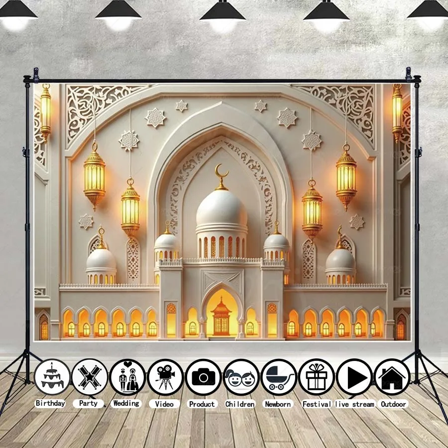 

MOON.QG Ramadan Scene Backdrops For Photography Multi Dome Mosque Hanging Lantern Background Photocall Wallpaper Photozone Decor