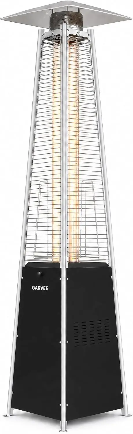 48,000 BTU Pyramid Propane Patio Heater, Freestanding Outdoor Gas Heater with Glass Tube Flame Tower, Wheels & Battery Ignition, Waterproof Cover Included