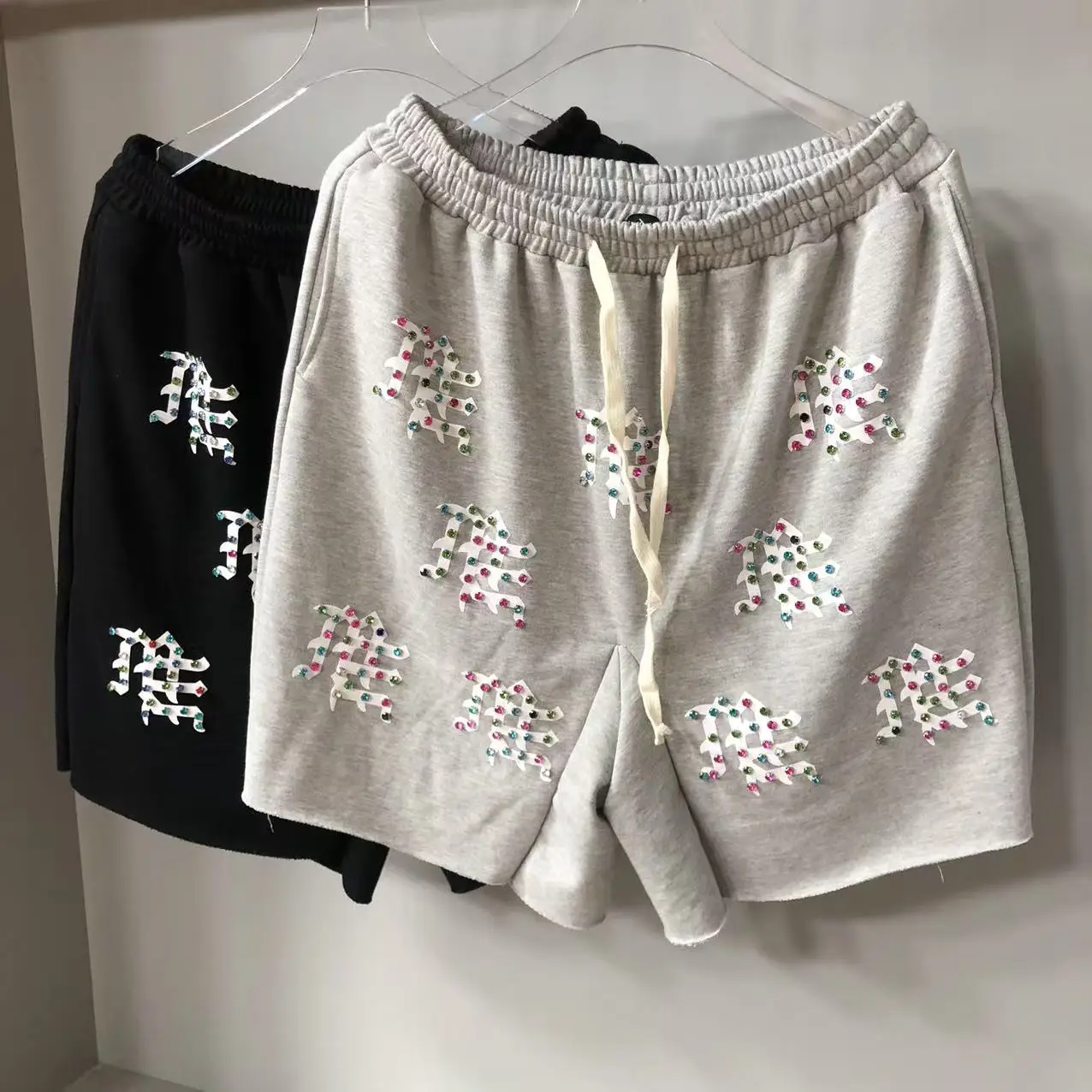 High-End Fashion Shorts with Rhinestones, Terry Fabric with Drawstring Waist, Printed Loose-Fitting Trendy Shorts