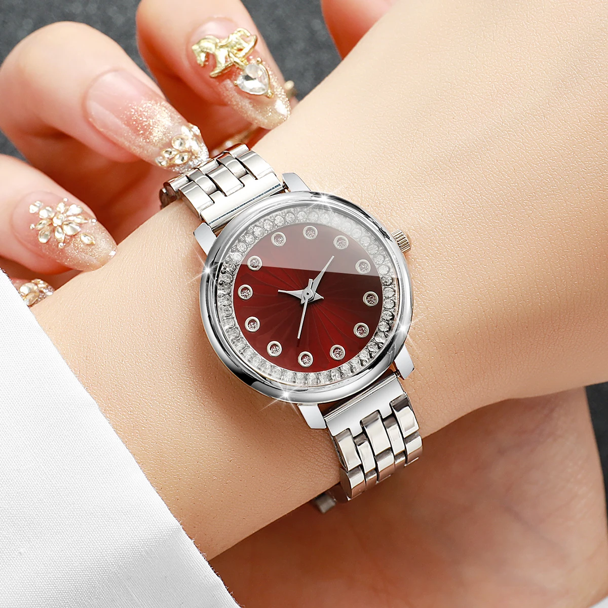 Elegant Rhinestone Women Quartz Watch Stainless Steel Strap Ladies Wristwatches for Girls Clock Relogio Feminino (Without Box)