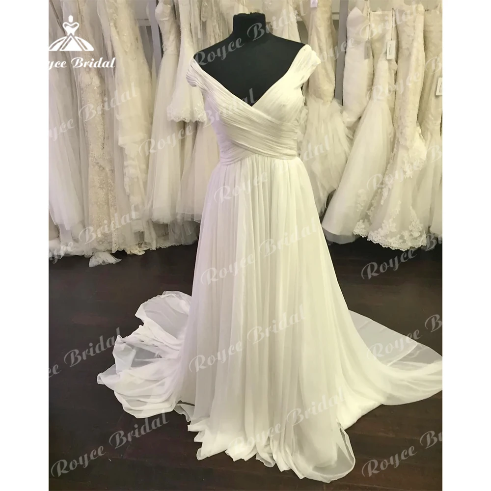 Simple A Line Wedding Dresses For Women Boho Sexy Deep V Neck Short Cap Sleeve Backless Pleat Bridal Gowns Chiffon Sweep Vestido