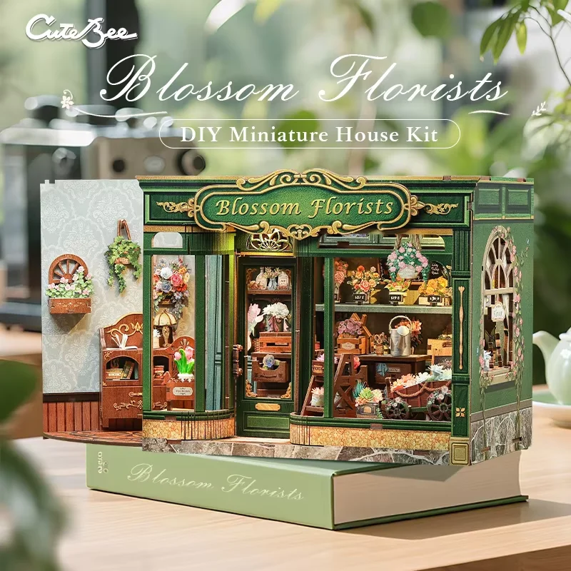 

CUTEBEE DIY Doll House Book Nook Kit with LED Light Bookshelf Insert Miniature Model For Blossom Florists Amazing Gifts Idea