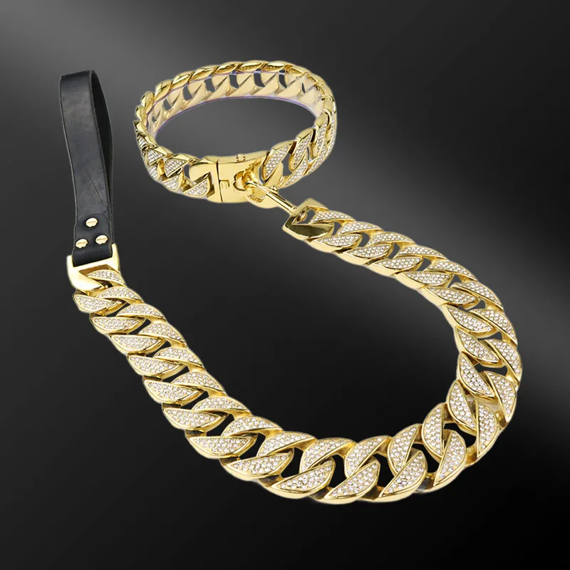 Custom Manufacturer Luxury Designer Collars and Leashes Durable Stainless Steel Cuban Link Luxury Dog Collar and Leash Set