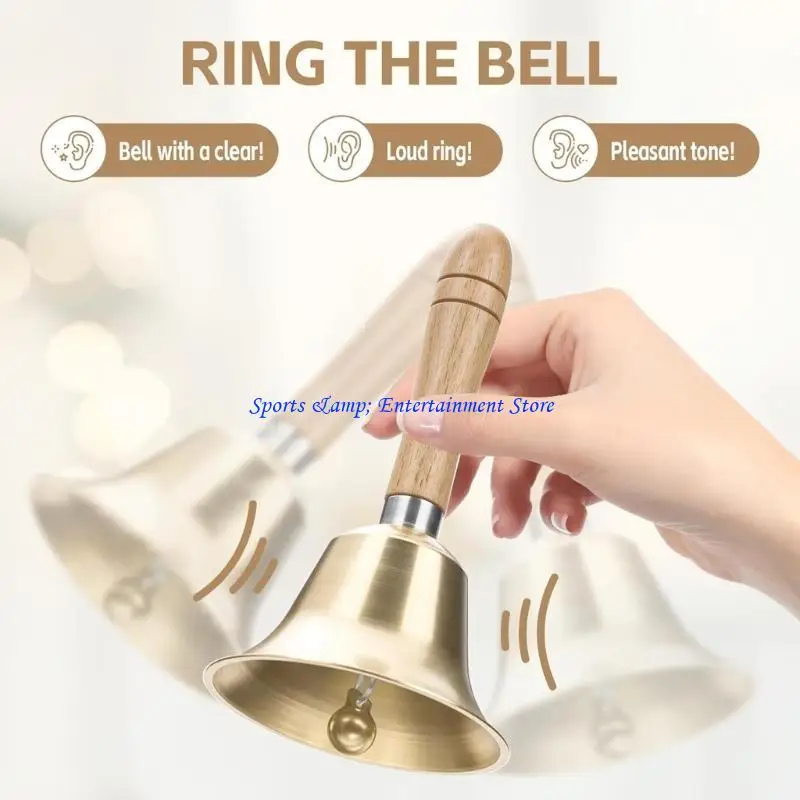 G7NF Brass Hand with Wooden Handle Loud Ringing Handbells Dinner Service for Service and Game Enduring