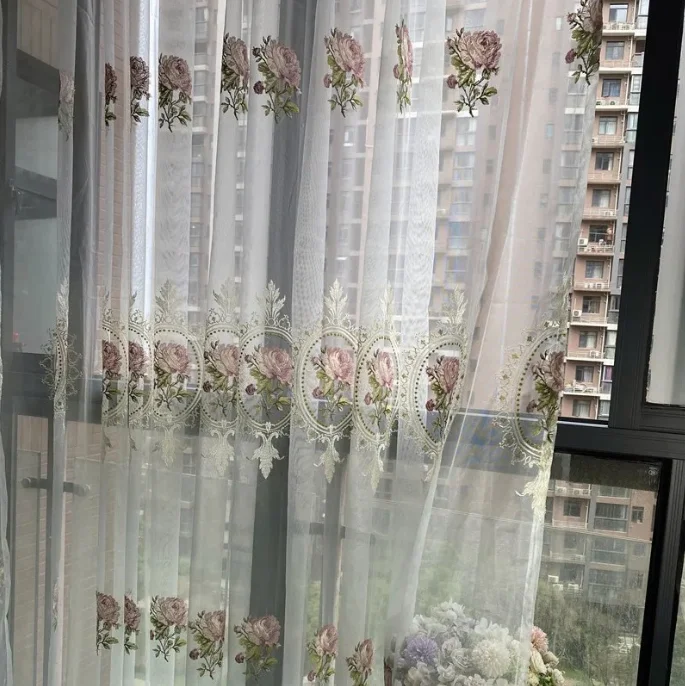 1 Piece Elegant Flower Embroidery Transparent Luxury Peony Embroidery Tulle Living Room Bedroom Curtains