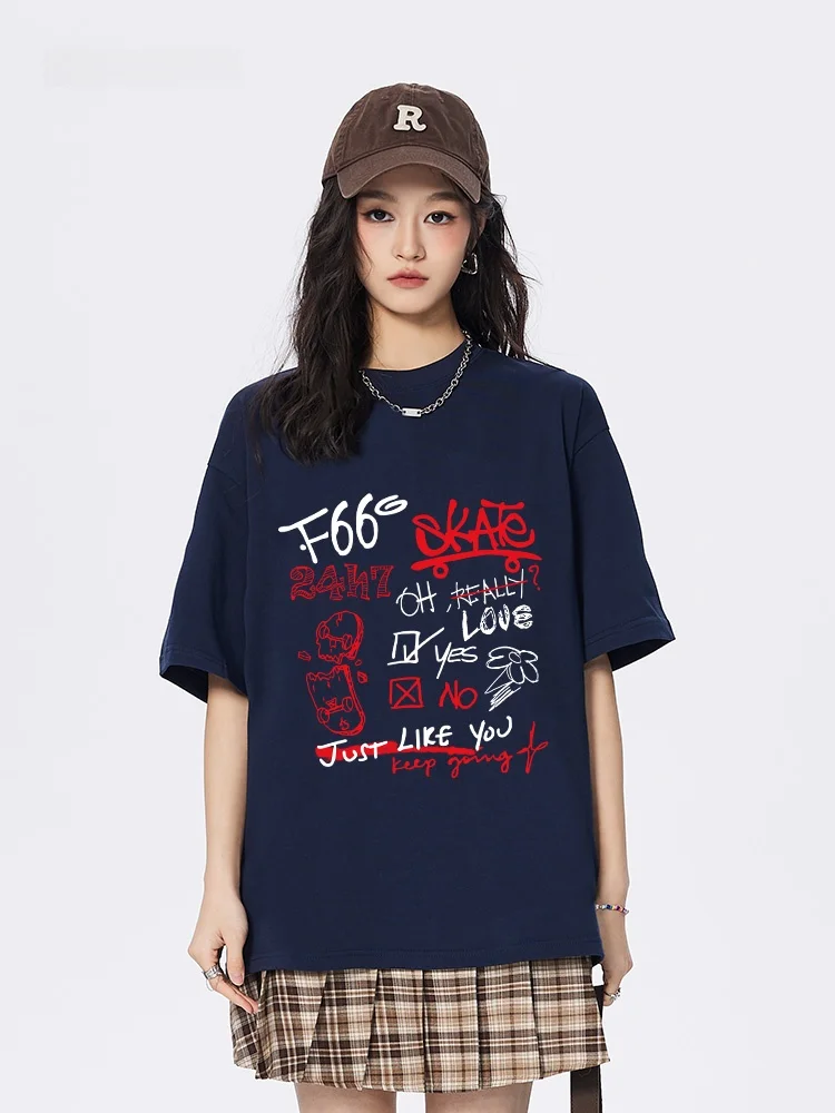 F66 Retro fiti Fun Handwritten Print ort Sve Women's T-irt Pure Cotton Summer American INS Versatile Casual Top