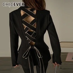 CHICEVER Spliced Lace Up Blazers For Women Notched Collar Long Sleeve Slimming Hollow Out Solid Chic Coats Odzież damska Nowy