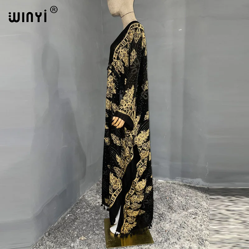 WINYI Women tassel Black hot brick dress Long Coat Loose Lapel Robe Femme Thick Warm Loose Boho Middle East Female kimono Abaya