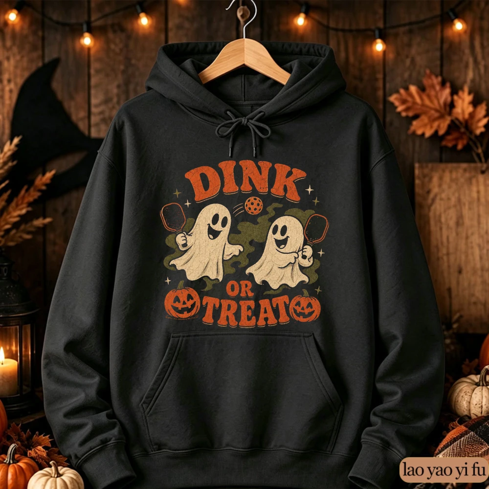 Dink or Treat Ghost Pickleball Halloween Mens Vintage Graphic Casual Long Sleeve Pullover Kangaroo Pockets Fall Oversized Hoodie