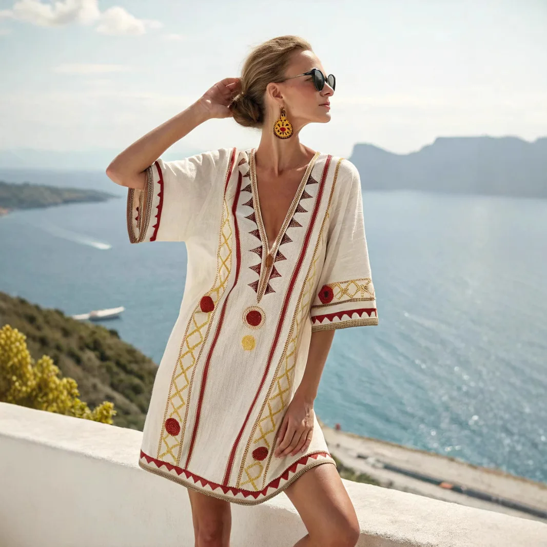 

New Summer Women's Fashionable and Sexy Printed V-neck Casual Vacation Dress
