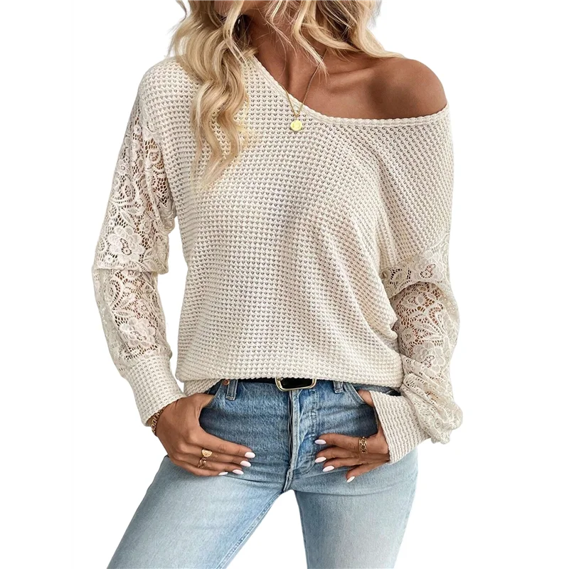 

A83F-женские рубашки с длинными рукавами, кружевные топы с v-образным вырезом, деловые повседневные блузки, футболка, модная осенняя модная одежда, абрикосовая XL