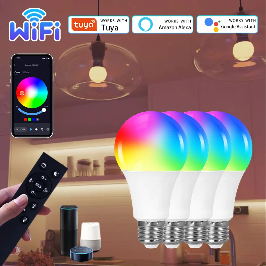 Tuya Smart Wifi Led Bulb Alexa Google Assistant Spotlights Bombilla Smart Life RGB Light Bulb 85-265V E27 E26 RF 2.4G Remote