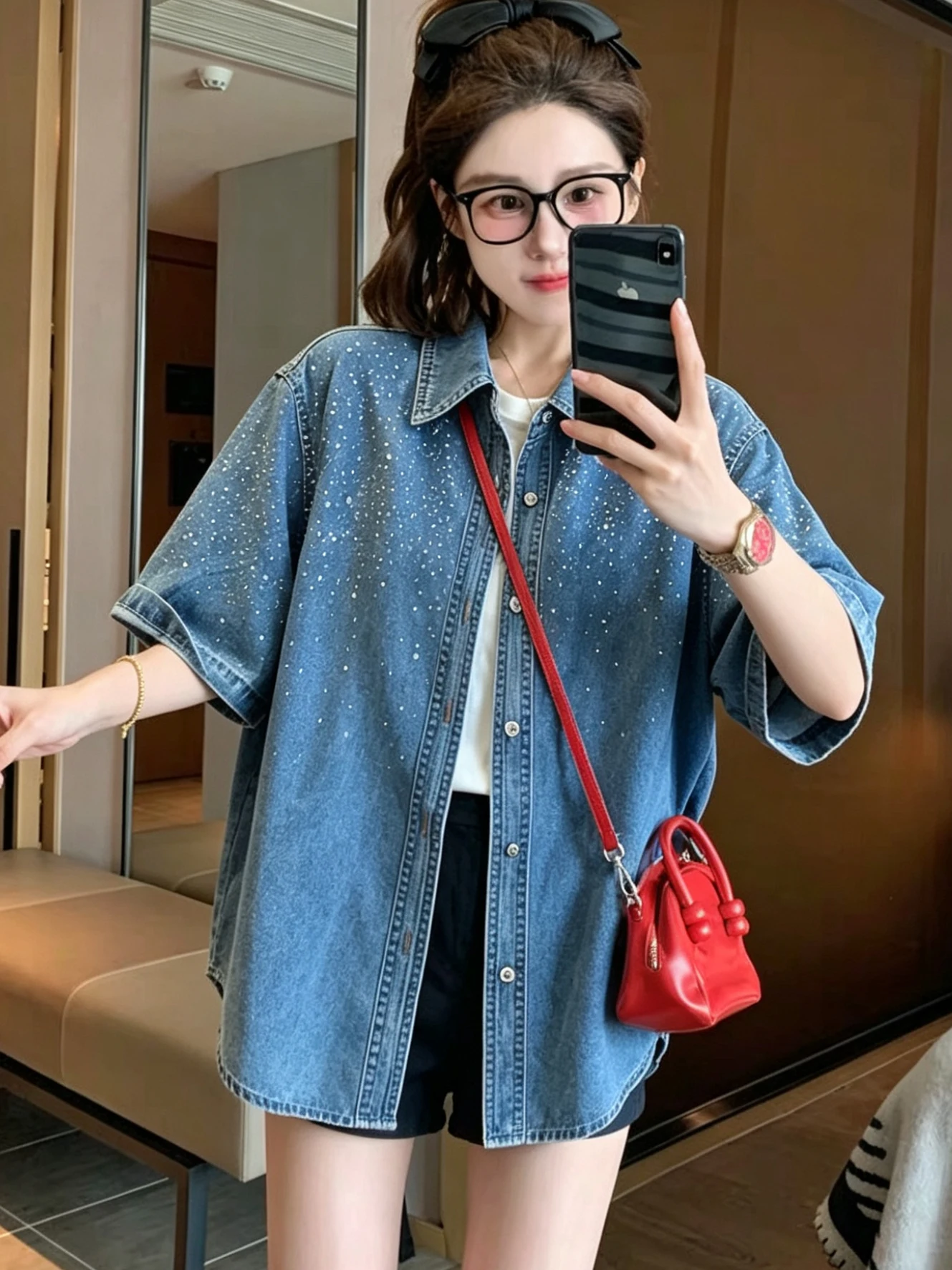 

plus Size Women's Short Sleeve Denim Shirt Glittering Drill Casual High Waist A-Line Skirt Korean Style Summer Fashion Outerwear